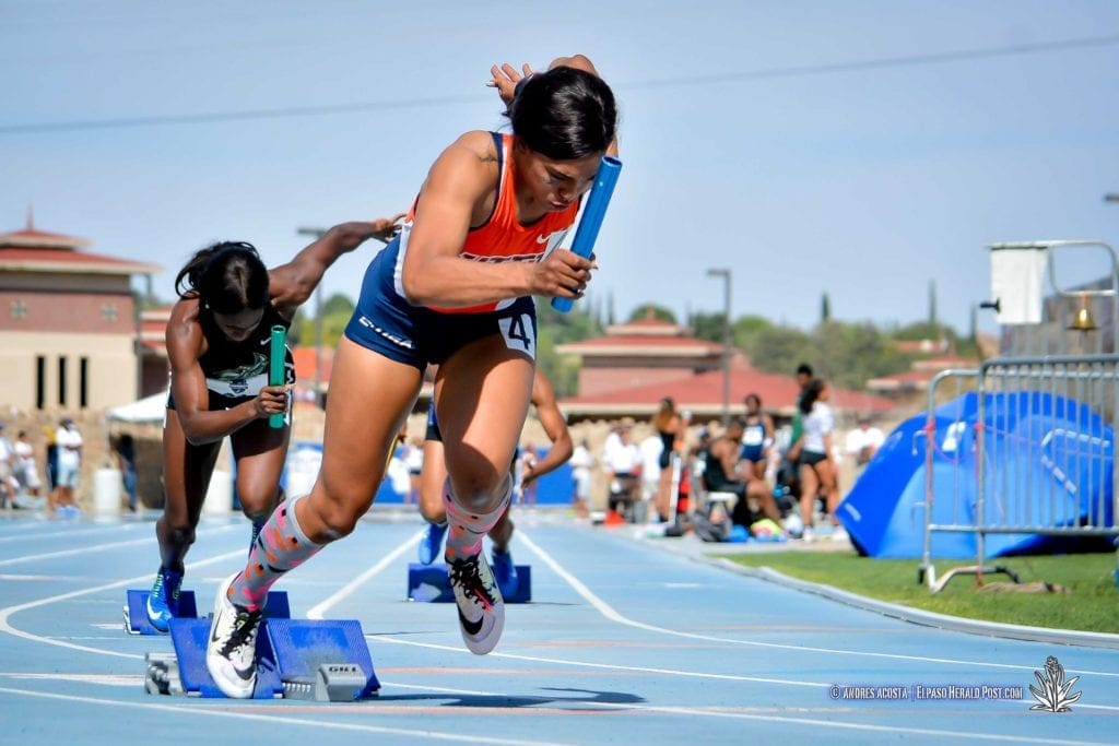 Izzie Ramsay prepares for the 4x100 Women's Final at 2017 CUSA Track and field meet, Finals Kidd Field El Paso Texas