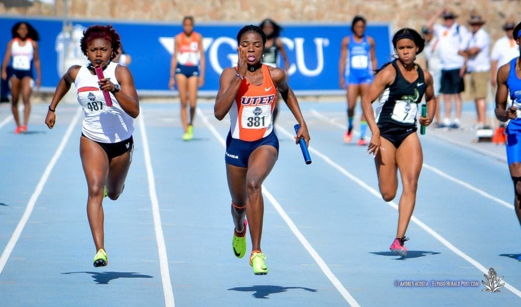 UTEP's Tobi Amusan takes the lead on the last leg of the Women's 4X100 Final at the 2017 CUSA Track and field meet, Finals Kidd Field El Paso Texas
