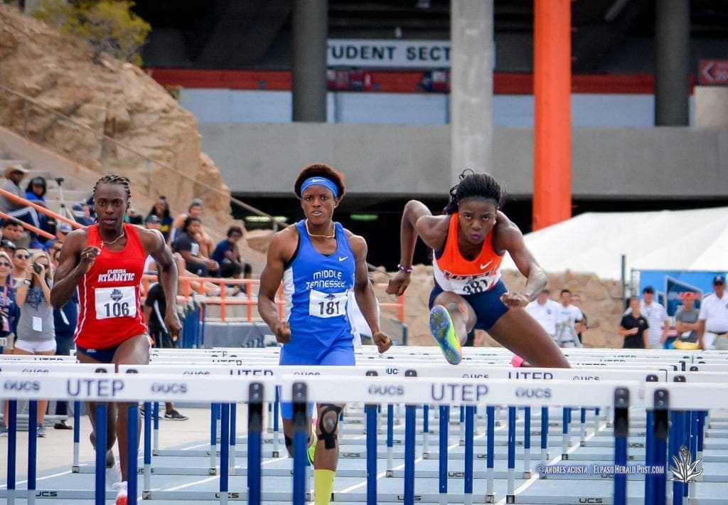 UTEP's Tobi Amusan takes the 100 meter Hurdles Gold medal at the 2017 CUSA Track and field meet, Finals Kidd Field El Paso Texas