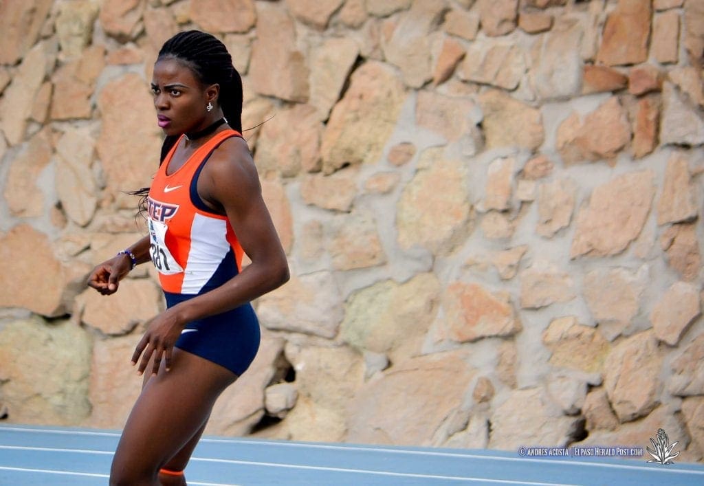UTEP's Tobi Amusan takes the 100 meter Hurdles Gold medal at the 2017 CUSA Track and field meet, Finals Kidd Field El Paso Texas